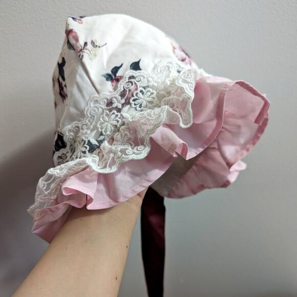 Bonnet Girls Sz 18-24m Floral Pink Frilly Lace Dainty - Picture 1 of 4